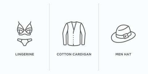 clothes outline icons set. thin line icons such as lingerine, cotton cardigan, men hat vector. linear icon sheet can be used web and mobile