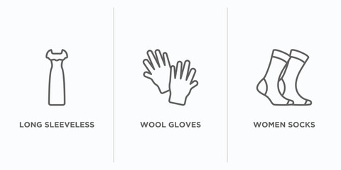 clothes outline icons set. thin line icons such as long sleeveless dress, wool gloves, women socks vector. linear icon sheet can be used web and mobile