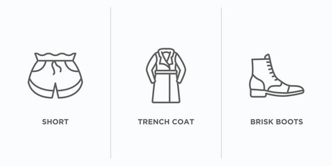clothes outline icons set. thin line icons such as short, trench coat, brisk boots vector. linear icon sheet can be used web and mobile