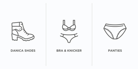 clothes outline icons set. thin line icons such as danica shoes, bra & knicker, panties vector. linear icon sheet can be used web and mobile