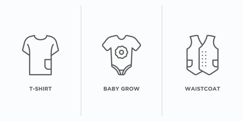 clothes outline icons set. thin line icons such as t-shirt, baby grow, waistcoat vector. linear icon sheet can be used web and mobile