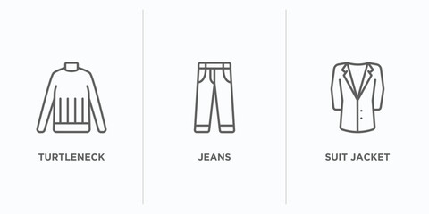 clothes outline icons set. thin line icons such as turtleneck, jeans, suit jacket vector. linear icon sheet can be used web and mobile