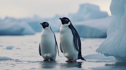 Fototapeta premium Two penguins stand on melting ice in Arctic. Generative AI