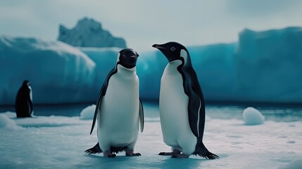 Fototapeta premium Two penguins stand on melting ice in Arctic. Generative AI
