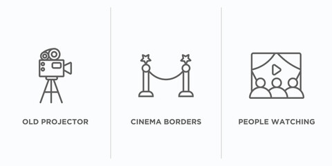 cinema outline icons set. thin line icons such as old projector, cinema borders, people watching a movie vector. linear icon sheet can be used web and mobile