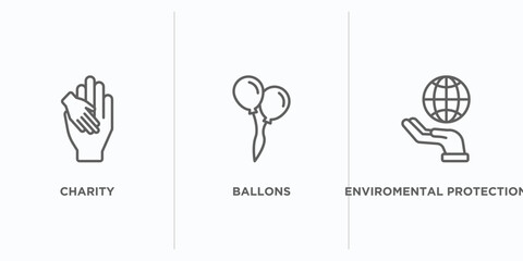 charity outline icons set. thin line icons such as charity, ballons, enviromental protection vector. linear icon sheet can be used web and mobile