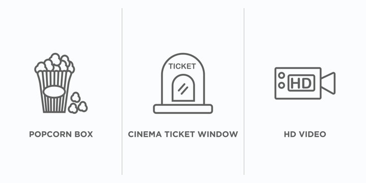 cinema outline icons set. thin line icons such as popcorn box, cinema ticket window, hd video vector. linear icon sheet can be used web and mobile