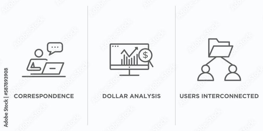 Poster business and analytics outline icons set. thin line icons such as correspondence, dollar analysis ba