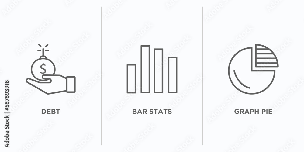 Poster business and analytics outline icons set. thin line icons such as debt, bar stats, graph pie vector.