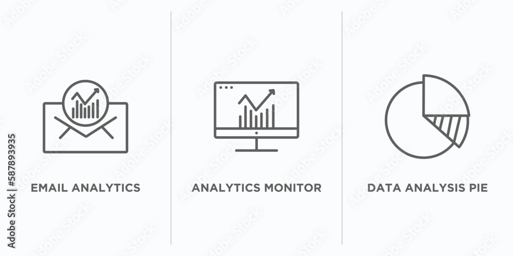 Poster business and analytics outline icons set. thin line icons such as email analytics, analytics monitor
