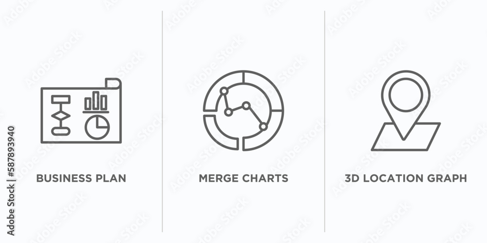 Poster business and analytics outline icons set. thin line icons such as business plan, merge charts, 3d lo