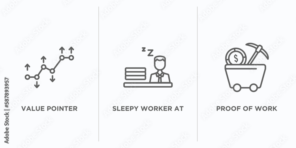 Poster business outline icons set. thin line icons such as value pointer, sleepy worker at work, proof of w