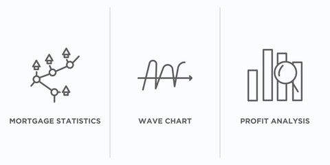 business and analytics outline icons set. thin line icons such as mortgage statistics, wave chart, profit analysis vector. linear icon sheet can be used web and mobile