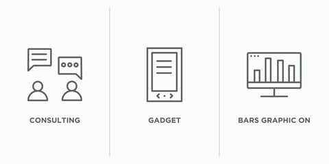 business and analytics outline icons set. thin line icons such as consulting, gadget, bars graphic on screen vector. linear icon sheet can be used web and mobile