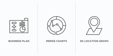 business and analytics outline icons set. thin line icons such as business plan, merge charts, 3d location graph vector. linear icon sheet can be used web and mobile