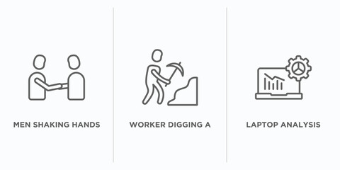 business outline icons set. thin line icons such as men shaking hands, worker digging a hole, laptop analysis vector. linear icon sheet can be used web and mobile