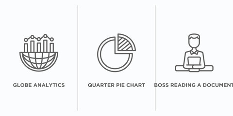 business outline icons set. thin line icons such as globe analytics, quarter pie chart, boss reading a document vector. linear icon sheet can be used web and mobile