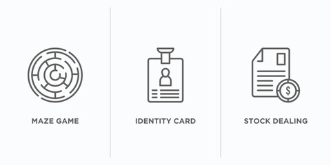 business outline icons set. thin line icons such as maze game, identity card, stock dealing vector. linear icon sheet can be used web and mobile