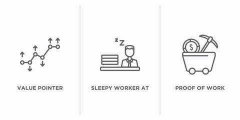 business outline icons set. thin line icons such as value pointer, sleepy worker at work, proof of work vector. linear icon sheet can be used web and mobile