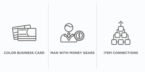 business outline icons set. thin line icons such as color business card, man with money gears, item connections vector. linear icon sheet can be used web and mobile