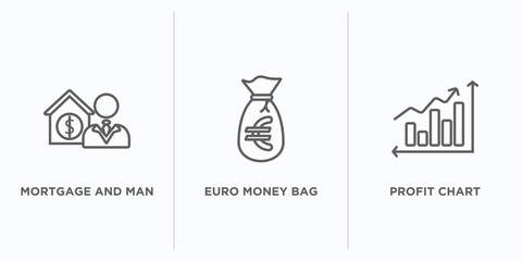 business outline icons set. thin line icons such as mortgage and man, euro money bag, profit chart vector. linear icon sheet can be used web and mobile