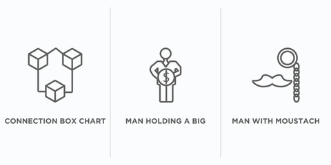 business outline icons set. thin line icons such as connection box chart, man holding a big coin, man with moustach vector. linear icon sheet can be used web and mobile