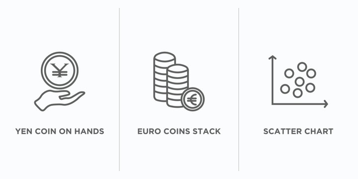 business outline icons set. thin line icons such as yen coin on hands, euro coins stack, scatter chart vector. linear icon sheet can be used web and mobile