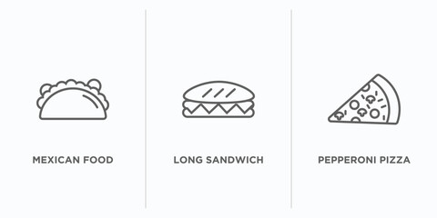 bistro and restaurant outline icons set. thin line icons such as mexican food, long sandwich, pepperoni pizza slice vector. linear icon sheet can be used web and mobile