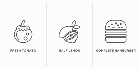 bistro and restaurant outline icons set. thin line icons such as fresh tomato, half lemon, complete hamburger vector. linear icon sheet can be used web and mobile