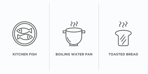 bistro and restaurant outline icons set. thin line icons such as kitchen fish, boiling water pan, toasted bread vector. linear icon sheet can be used web and mobile