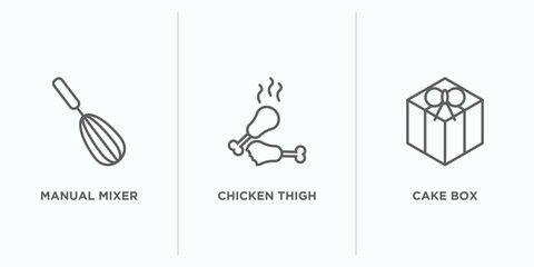 bistro and restaurant outline icons set. thin line icons such as manual mixer, chicken thigh, cake box vector. linear icon sheet can be used web and mobile