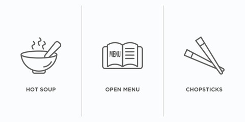 bistro and restaurant outline icons set. thin line icons such as hot soup, open menu, chopsticks vector. linear icon sheet can be used web and mobile