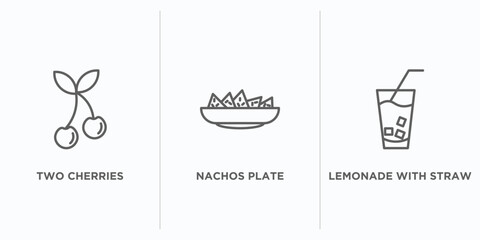 bistro and restaurant outline icons set. thin line icons such as two cherries, nachos plate, lemonade with straw vector. linear icon sheet can be used web and mobile