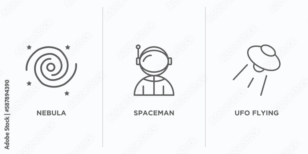 Wall mural astronomy outline icons set. thin line icons such as nebula, spaceman, ufo flying vector. linear ico