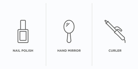 beauty outline icons set. thin line icons such as nail polish, hand mirror, curler vector. linear icon sheet can be used web and mobile