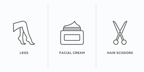beauty outline icons set. thin line icons such as legs, facial cream, hair scissors vector. linear icon sheet can be used web and mobile