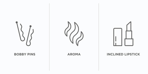 beauty outline icons set. thin line icons such as bobby pins, aroma, inclined lipstick vector. linear icon sheet can be used web and mobile