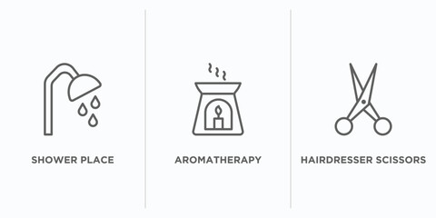 beauty outline icons set. thin line icons such as shower place, aromatherapy, hairdresser scissors vector. linear icon sheet can be used web and mobile