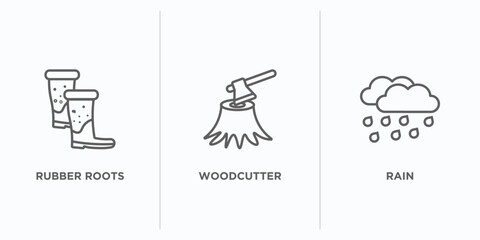 autumn outline icons set. thin line icons such as rubber roots, woodcutter, rain vector. linear icon sheet can be used web and mobile