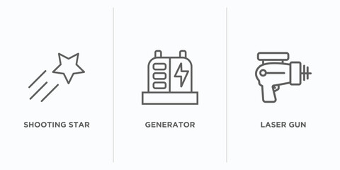 astronomy outline icons set. thin line icons such as shooting star, generator, laser gun vector. linear icon sheet can be used web and mobile © IconArt
