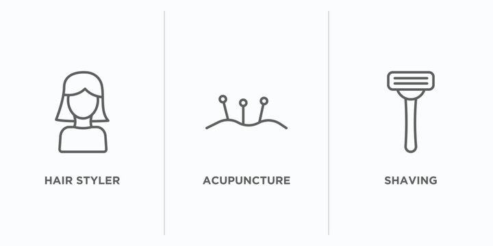 beauty outline icons set. thin line icons such as hair styler, acupuncture, shaving vector. linear icon sheet can be used web and mobile