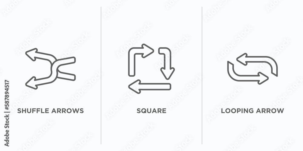 Poster arrows outline icons set. thin line icons such as shuffle arrows, square, looping arrow vector. line