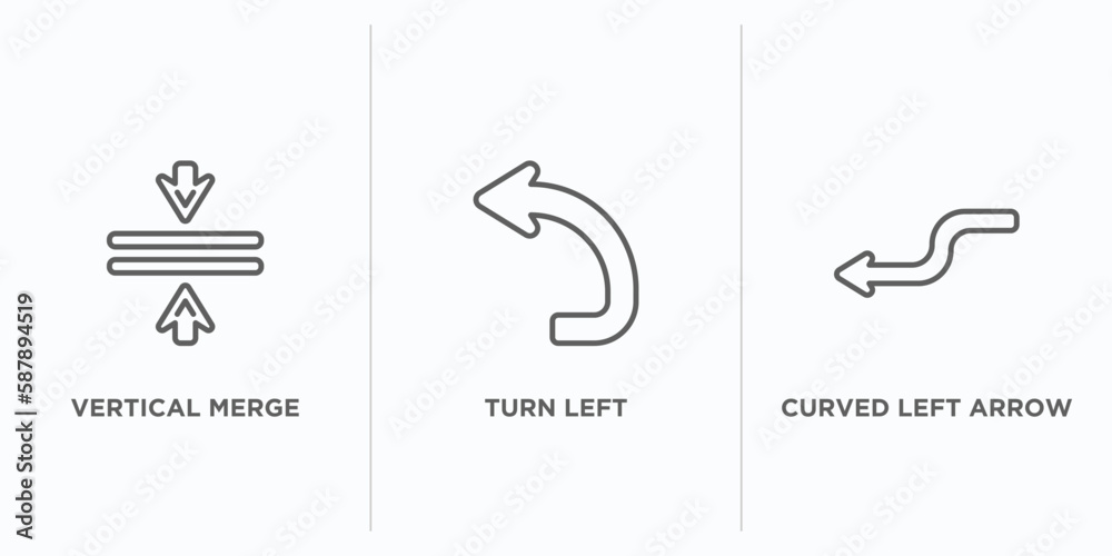 Poster arrows outline icons set. thin line icons such as vertical merge, turn left, curved left arrow vecto