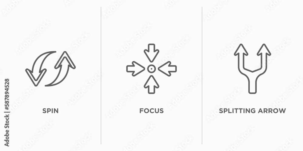 Poster arrows outline icons set. thin line icons such as spin, focus, splitting arrow vector. linear icon s