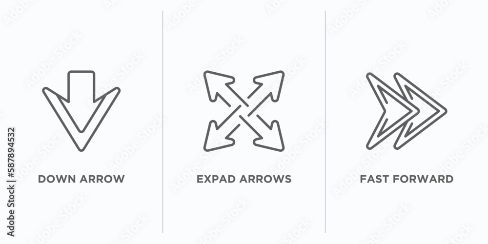 Poster arrows outline icons set. thin line icons such as down arrow, expad arrows, fast forward vector. lin