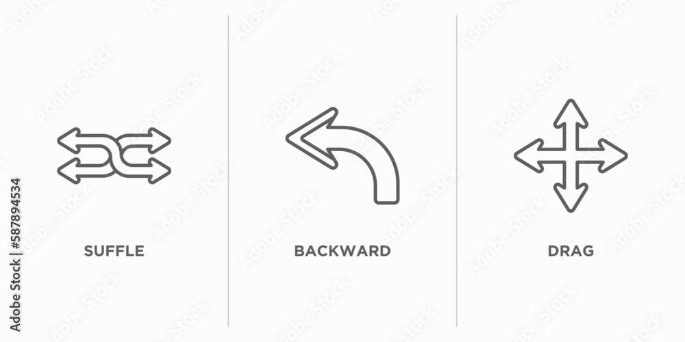 Poster arrows outline icons set. thin line icons such as suffle, backward, drag vector. linear icon sheet c