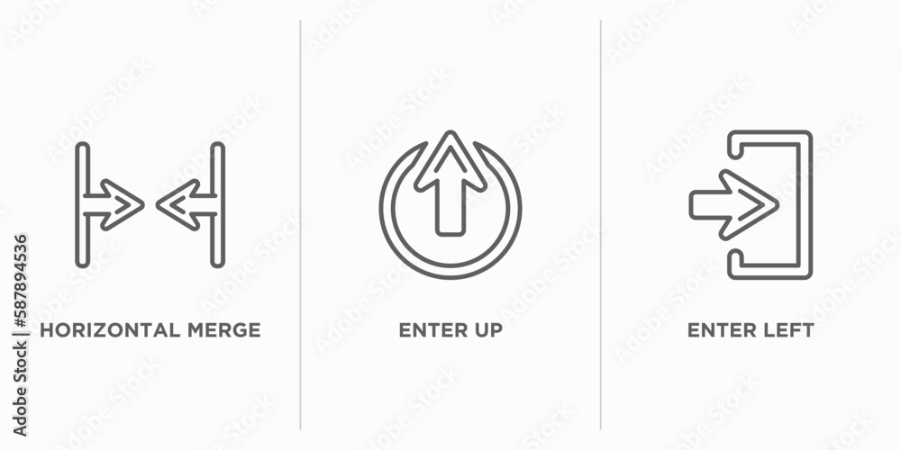 Poster arrows outline icons set. thin line icons such as horizontal merge, enter up, enter left vector. linear icon sheet can be used web and mobile