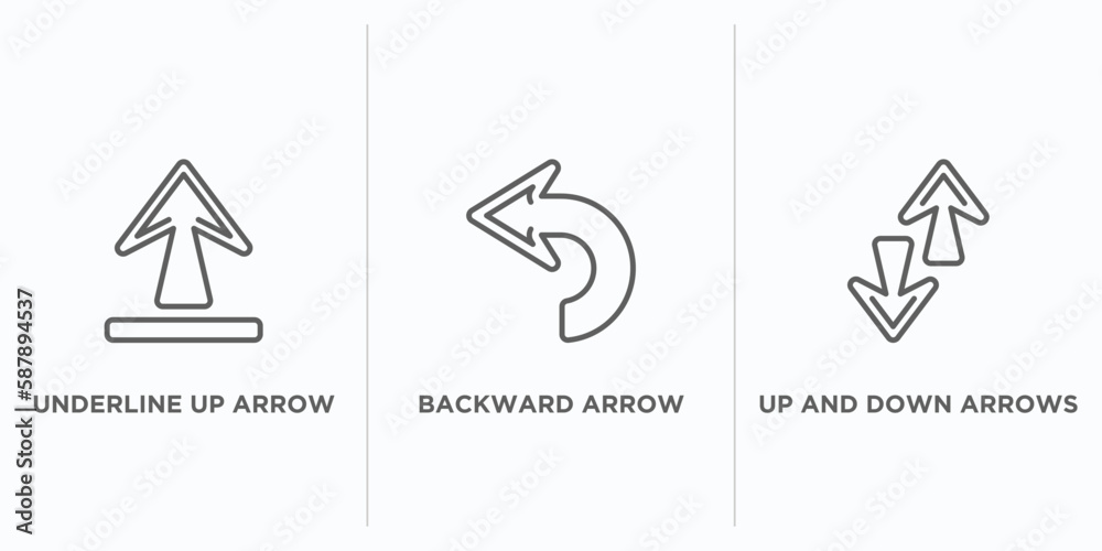 Poster arrows outline icons set. thin line icons such as underline up arrow, backward arrow, up and down ar