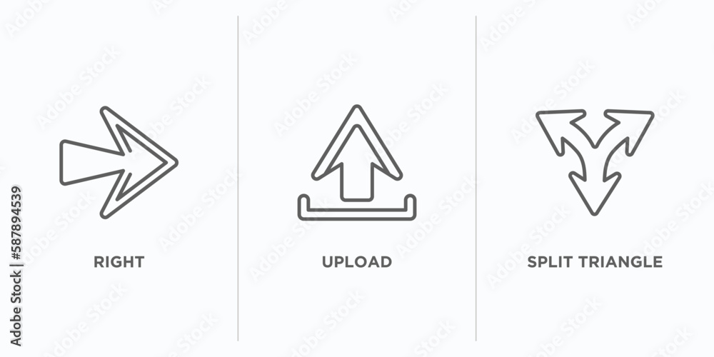 Poster arrows outline icons set. thin line icons such as right, upload, split triangle vector. linear icon 