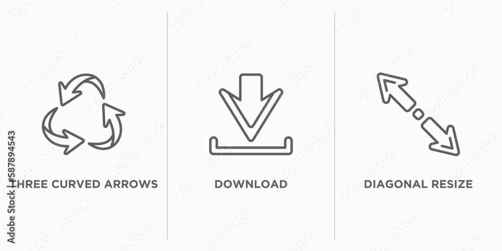 Poster arrows outline icons set. thin line icons such as three curved arrows, download, diagonal resize vec
